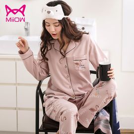 Miiow/猫人 睡衣女秋冬全棉加厚长袖棉质翻领款家居服女士卡通印花套装